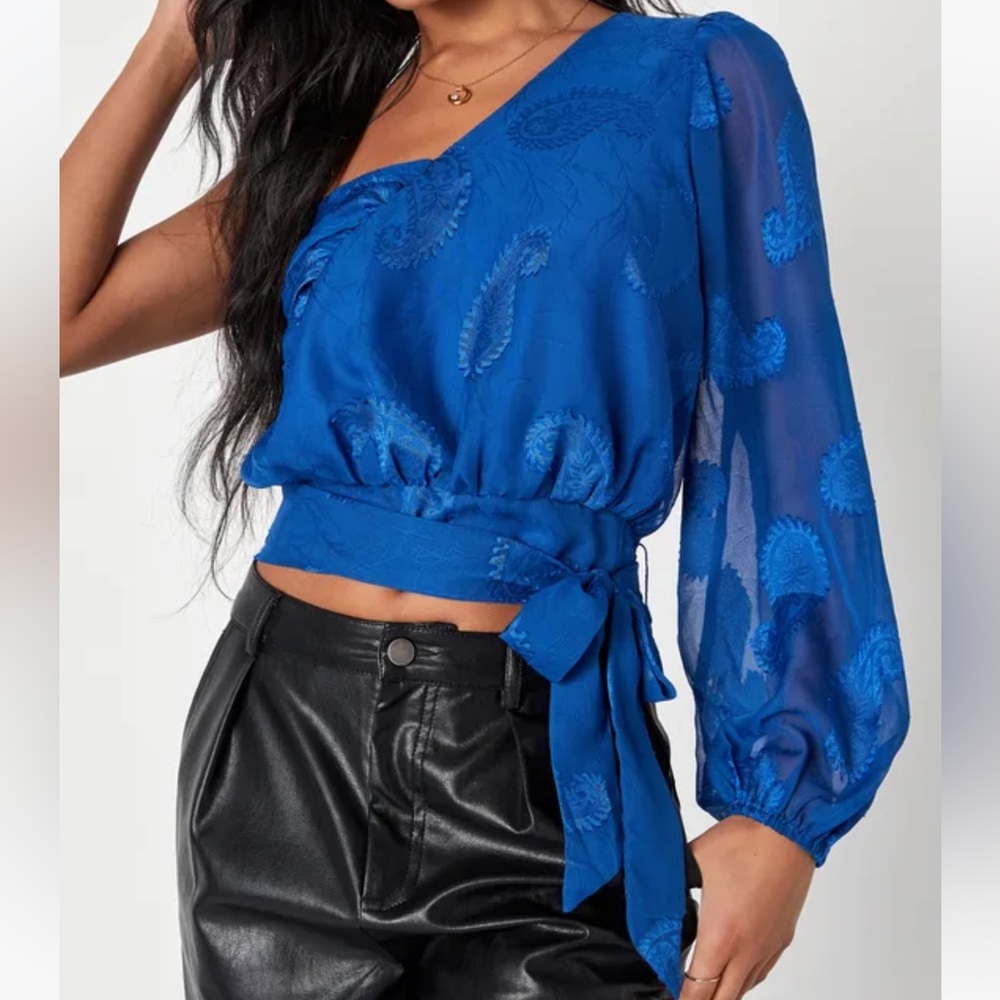 Lulus Unique Essence Blue Satin Paisley Jacquard One-Shoulder Top